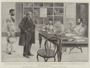 El equivalente de seis oficiales británicos, el Sr. Marks, el supuesto agente bóer, interrogado por el Capitán Percy Scott, comandante de Durban de Ralph Cleaver